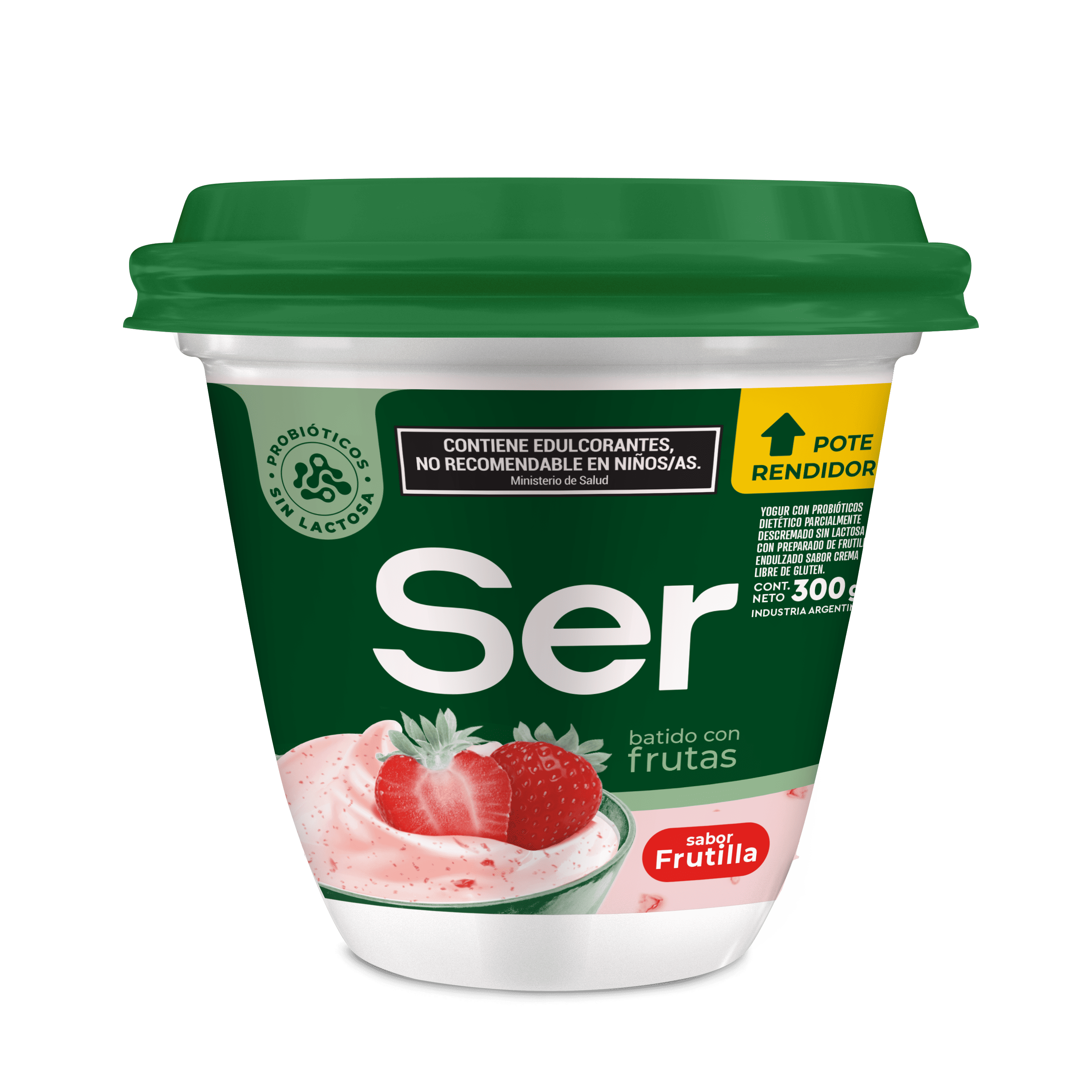 Yogur batido sabor frutilla con trozos de fruta.